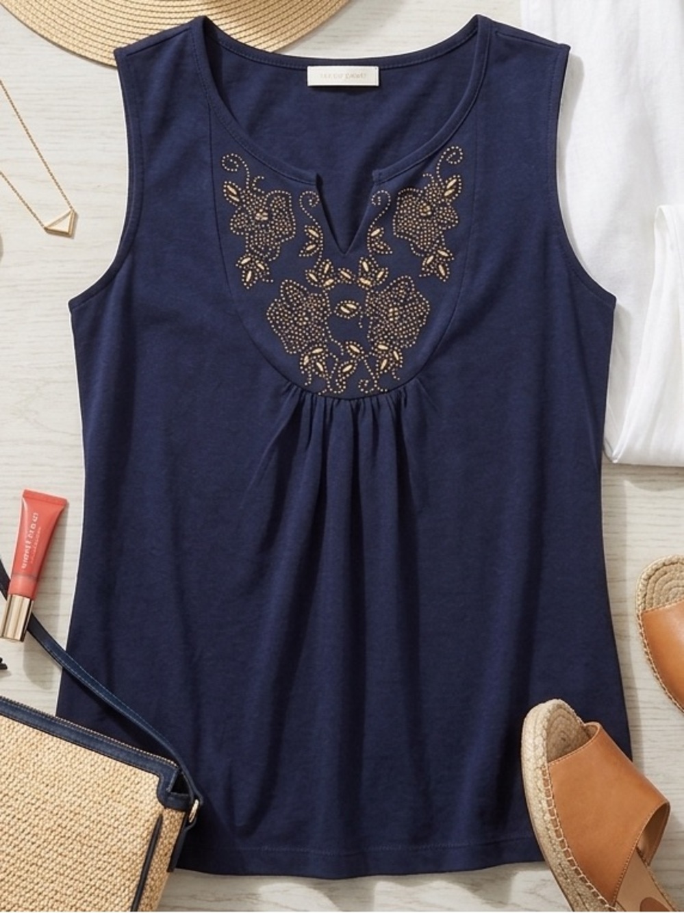 Carolyn Taylor Navy Blue Floral Beaded Tank Top XL V-Neck Embellished Lagenlook